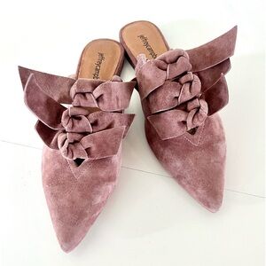 Jeffery Campbell Charly Pink Triple Bow Suede Pointed Flat Slip-On Mules Sz 8.5